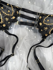 Opulent Lace Pearl-Embellished Lingerie Set - 3 pcs set