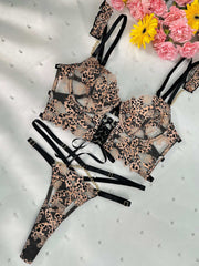 Fashion-forward presentation of the Seductive Leopard Lace Lingerie Set highlighting its unique lace pattern.