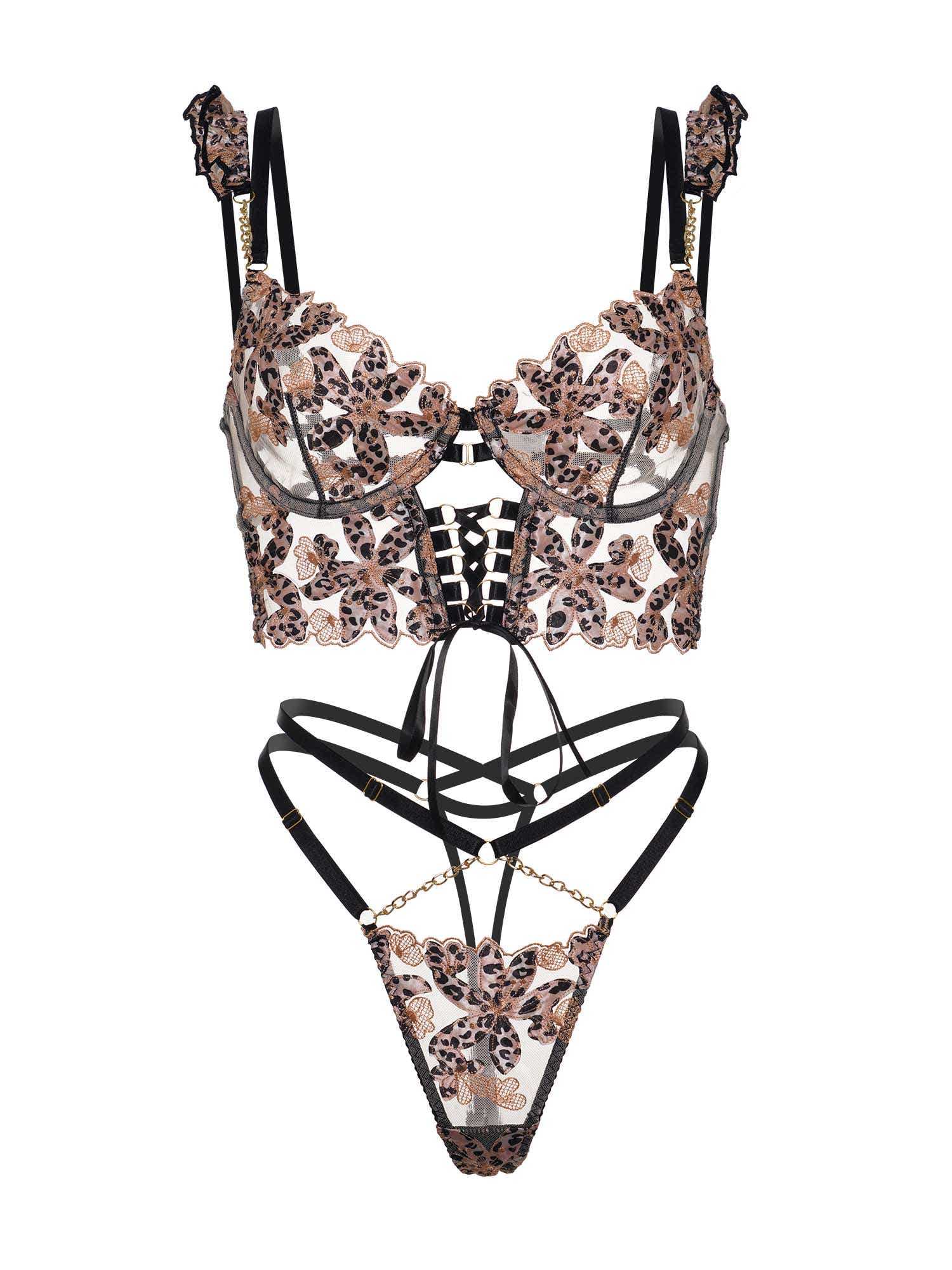 Sophisticated look of the Seductive Leopard Lace Lingerie Set capturing the blending of comfort and style.