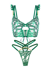 Detail of the strappy thong included in the Luxe Green Metallic Lingerie Set, designed to enhance curves and provide a flattering silhouette, complementing the luxurious theme of this metallic lingerie set.