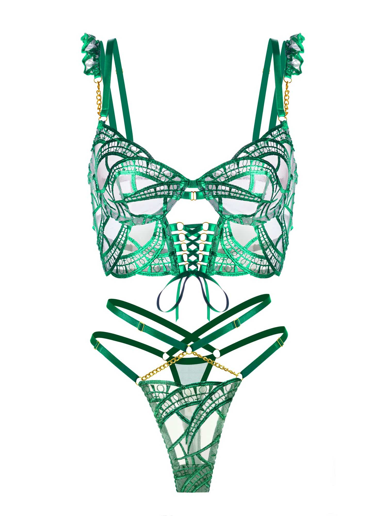 Detail of the strappy thong included in the Luxe Green Metallic Lingerie Set, designed to enhance curves and provide a flattering silhouette, complementing the luxurious theme of this metallic lingerie set.