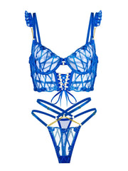 Luxurious gold-tone chain details on the Adriana Pearl Blue Lace Lingerie Set, adding a touch of elegance.