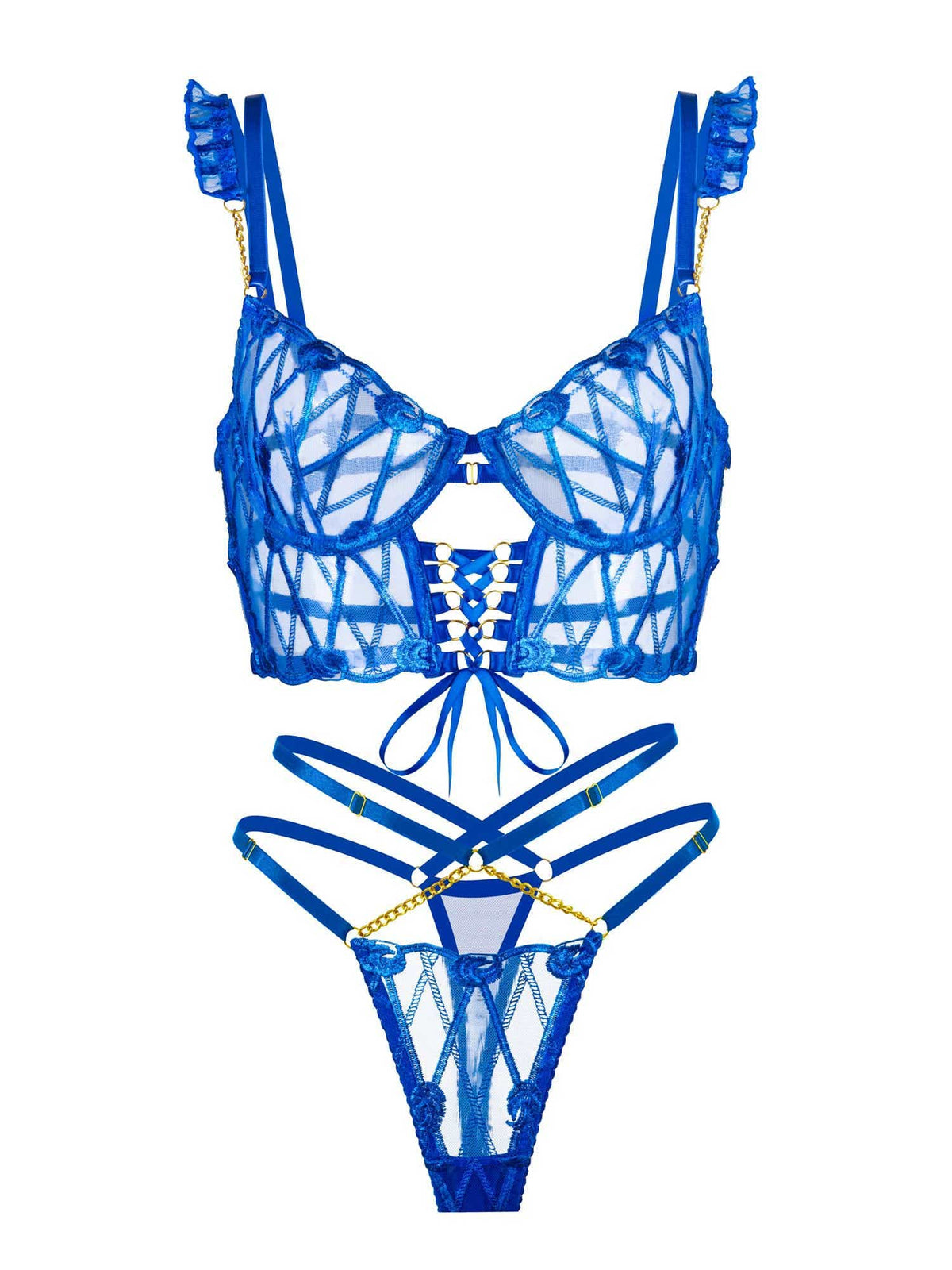 Luxurious gold-tone chain details on the Adriana Pearl Blue Lace Lingerie Set, adding a touch of elegance.