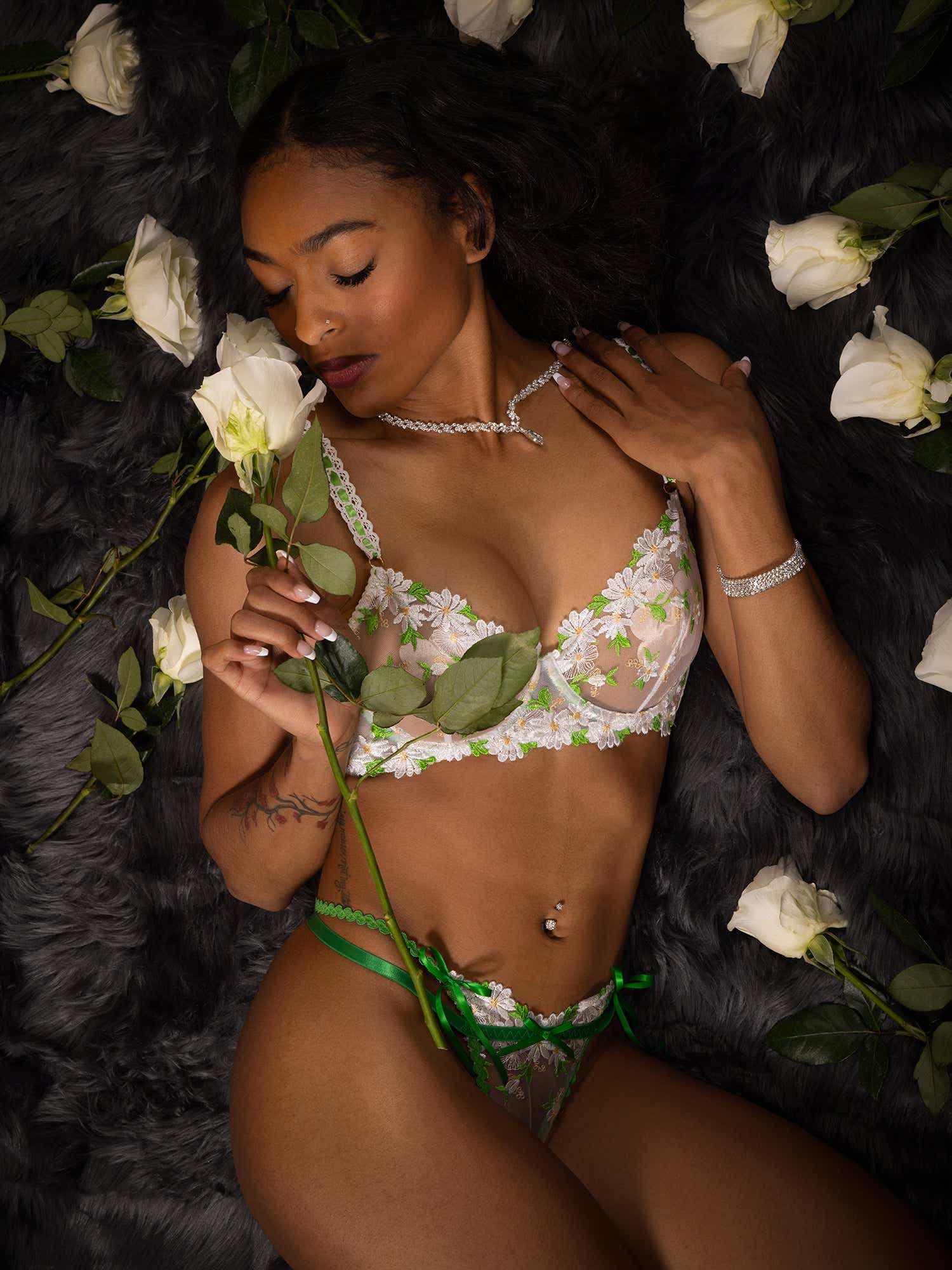 The luxurious fabric of Daisy Lace Lingerie 2 Pc Bra Set with unlined non-padded design.
