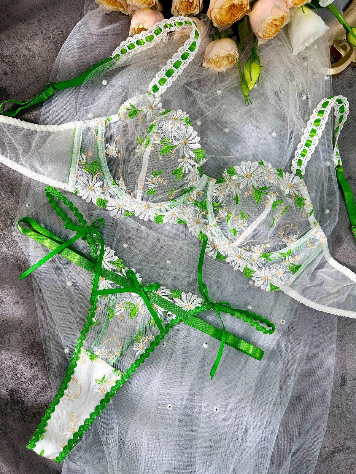 Daisy Lace Lingerie 2 Pc Bra Set elegantly showcasing the combination of comfort and luxury.