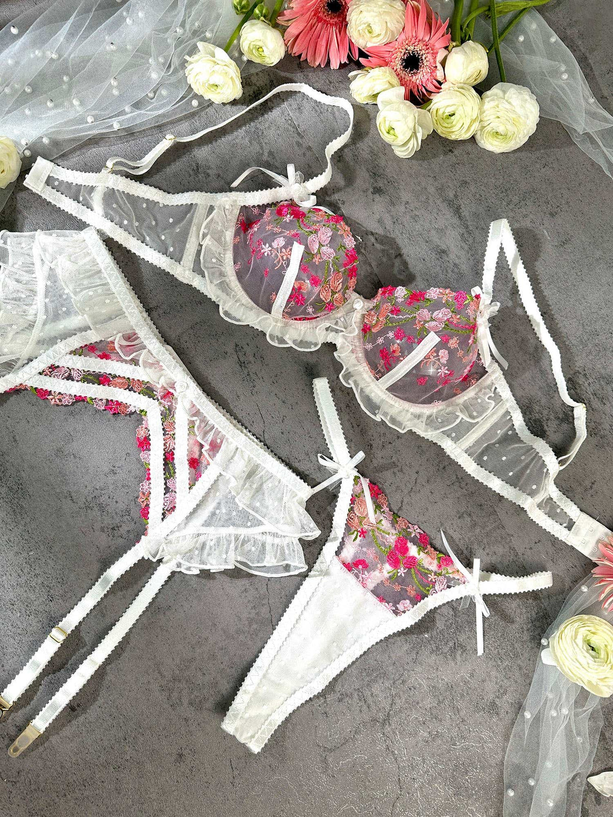 Emily Blossom Kiss 3-Piece Lingerie Set, ideal for luxurious home lounging or special occasions.