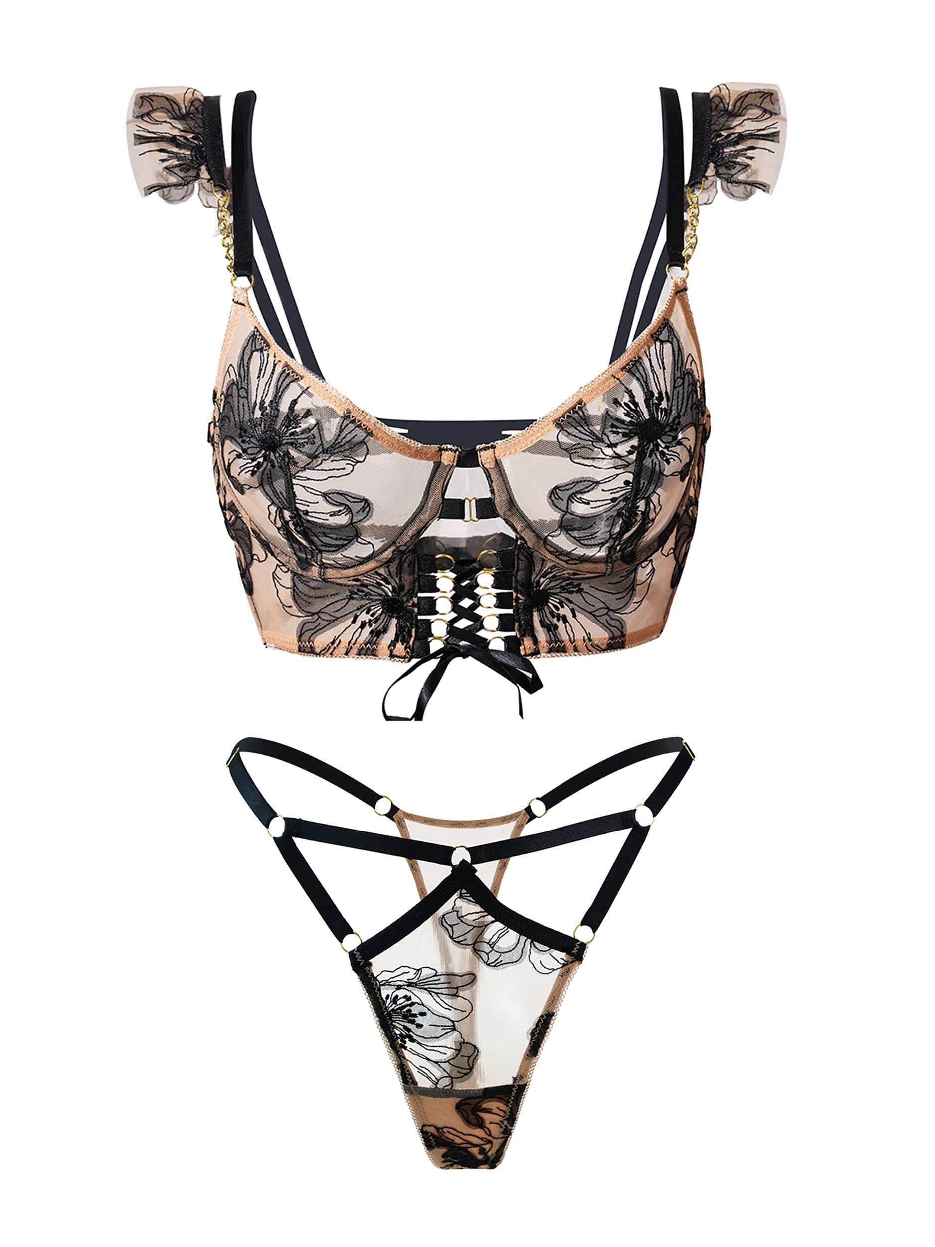 Full view of the Diana Black Floral Embroidered Bra Set, highlighting the delicate floral embroidered bra and strappy thong ensemble.