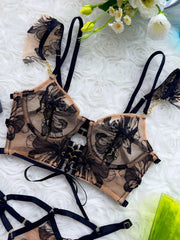 Matching strappy thong of the Diana Black Floral Embroidered Bra Set, showcasing exquisite floral embroidery, perfect for romantic evenings.