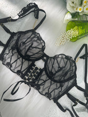 Lingerie model showcasing the Adriana Noir 2-Piece Sexy Lace Lingerie Set, exuding confidence and elegance with its seductive design.