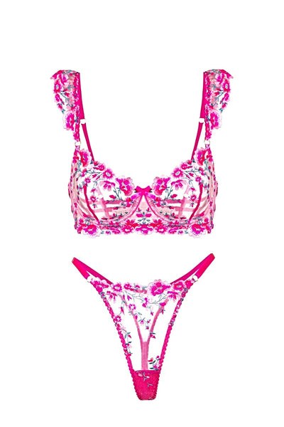 Pink Blossom Embroidery Lingerie Set - 2 pcs set
