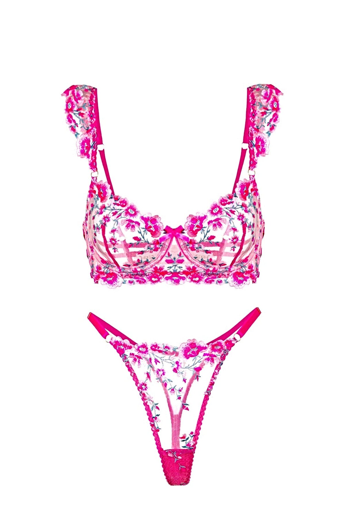 Pink Blossom Embroidery Lingerie Set - 2 pcs set