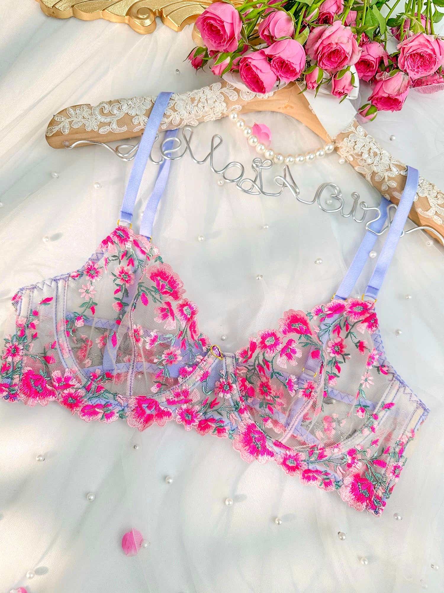 Luxe pink floral lingerie set with whimsical charm and delicate detailing, a must-have for any intimate collection.