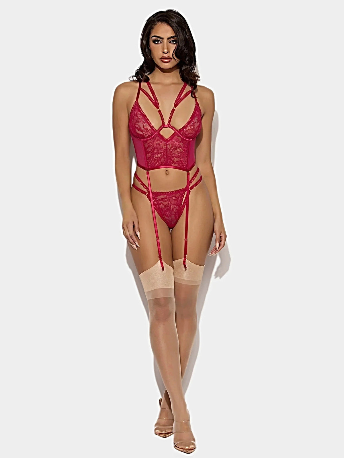 BIANCA STRAPPY LACE BUSTIER & THONG SET -