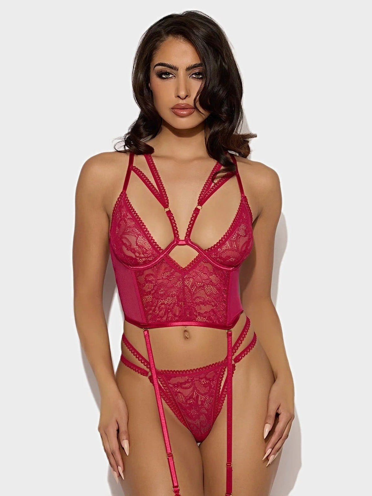 BIANCA STRAPPY LACE BUSTIER &amp; THONG SET -