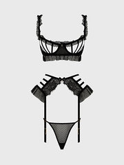 PORTIA SWISS DOT CUTOUT BRA, GARTER & THONG SET -