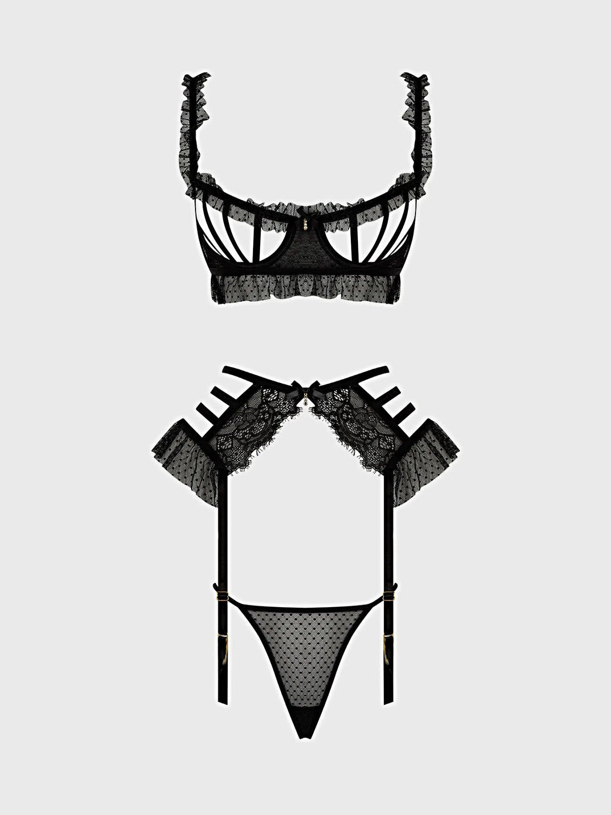 PORTIA SWISS DOT CUTOUT BRA, GARTER & THONG SET -