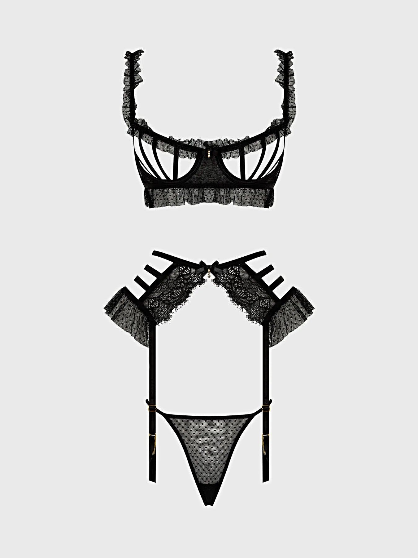 PORTIA SWISS DOT CUTOUT BRA, GARTER & THONG SET -