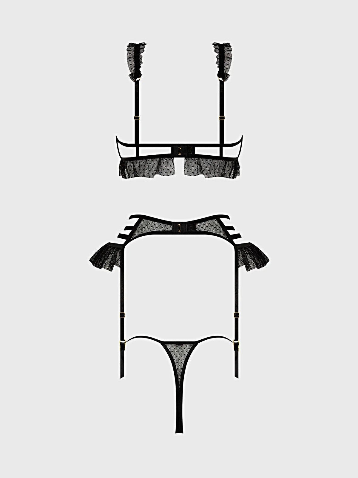 PORTIA SWISS DOT CUTOUT BRA, GARTER & THONG SET -