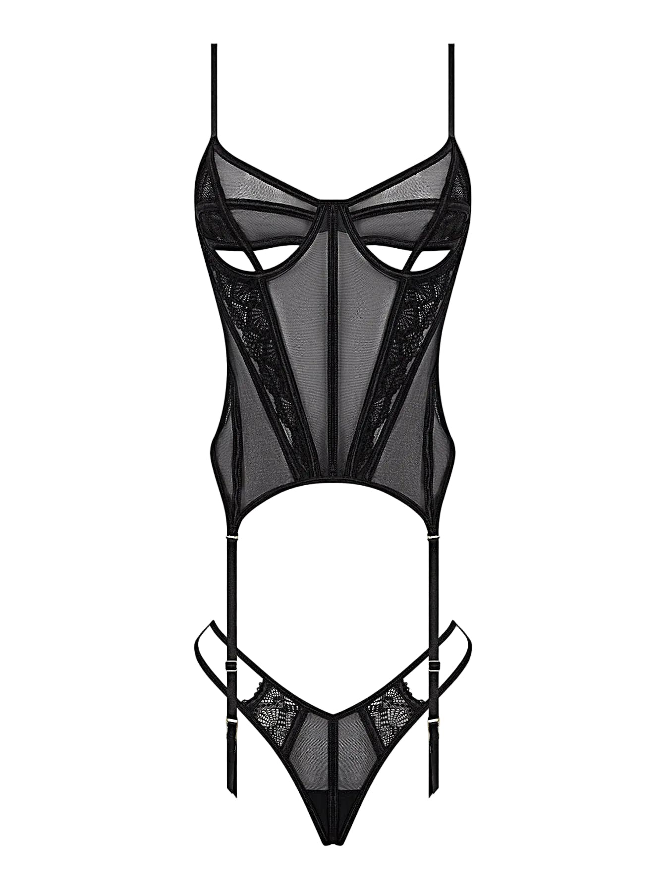 Vivienne Lace Bustier Set With Stretch Lace Mesh, Peekaboo Cups, G-String & Garter Straps -