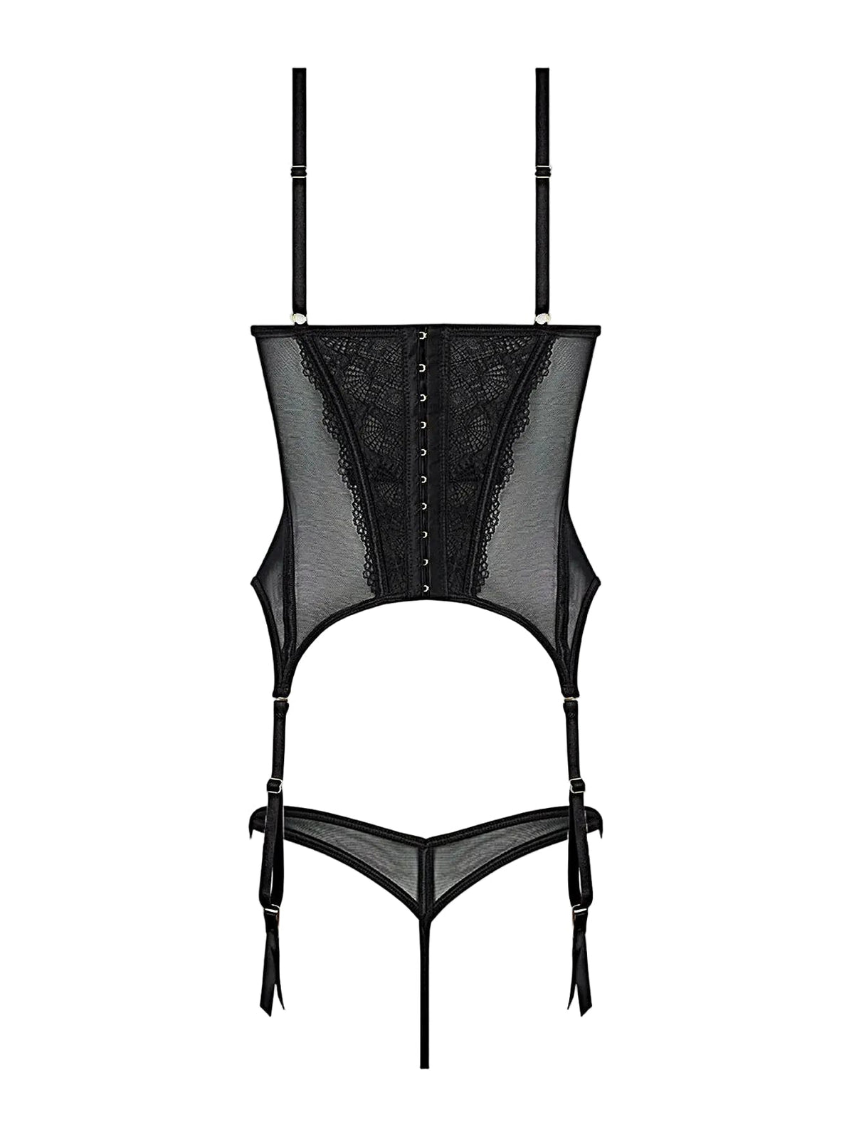 Vivienne Lace Bustier Set With Stretch Lace Mesh, Peekaboo Cups, G-String & Garter Straps -