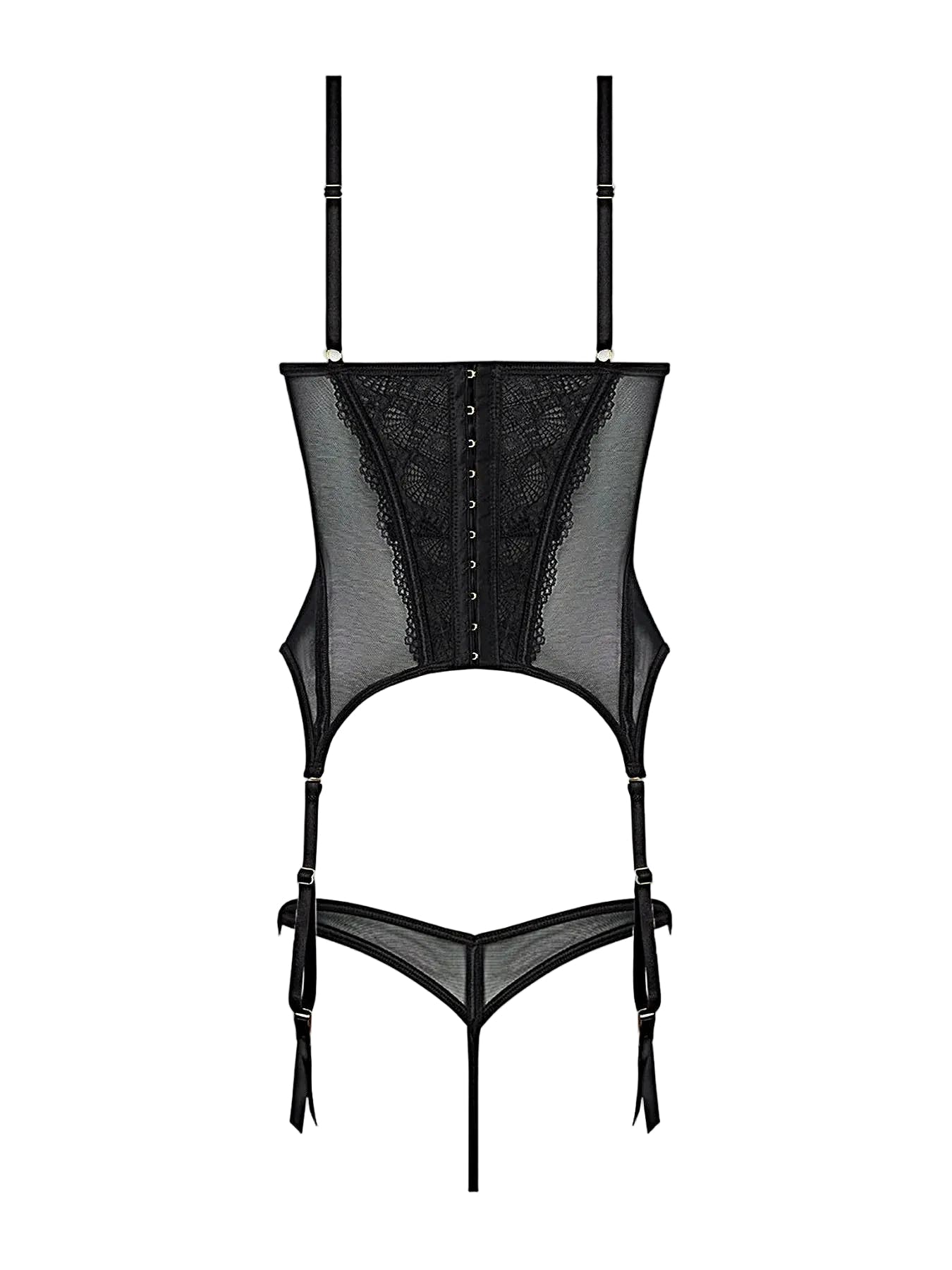 Vivienne Lace Bustier Set With Stretch Lace Mesh, Peekaboo Cups, G-String & Garter Straps -
