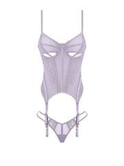 Vivienne Lace Bustier Set With Stretch Lace Mesh, Peekaboo Cups, G-String & Garter Straps -