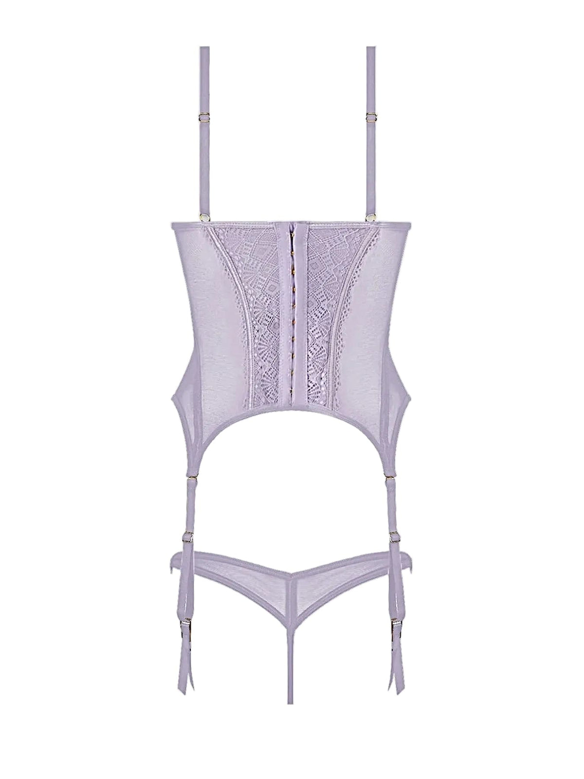 Vivienne Lace Bustier Set With Stretch Lace Mesh, Peekaboo Cups, G-String & Garter Straps -