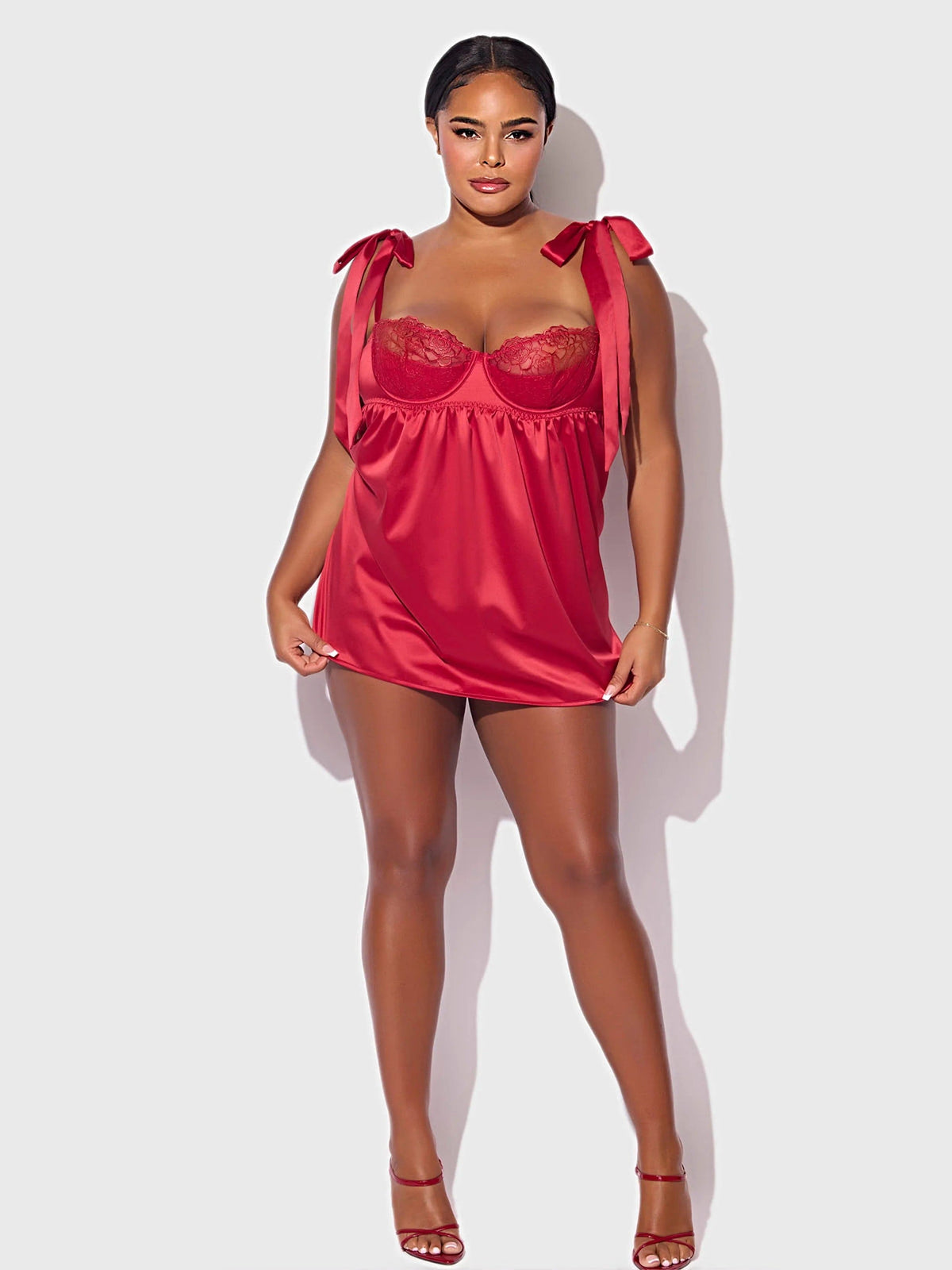 ROSALIE SATIN & EMBROIDERED LACE BABYDOLL & G-STRING SET -