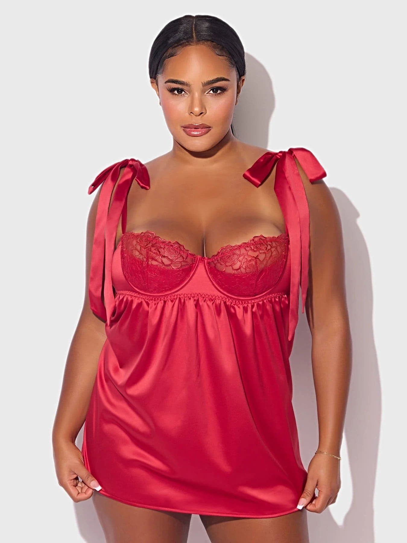 ROSALIE SATIN & EMBROIDERED LACE BABYDOLL & G-STRING SET -