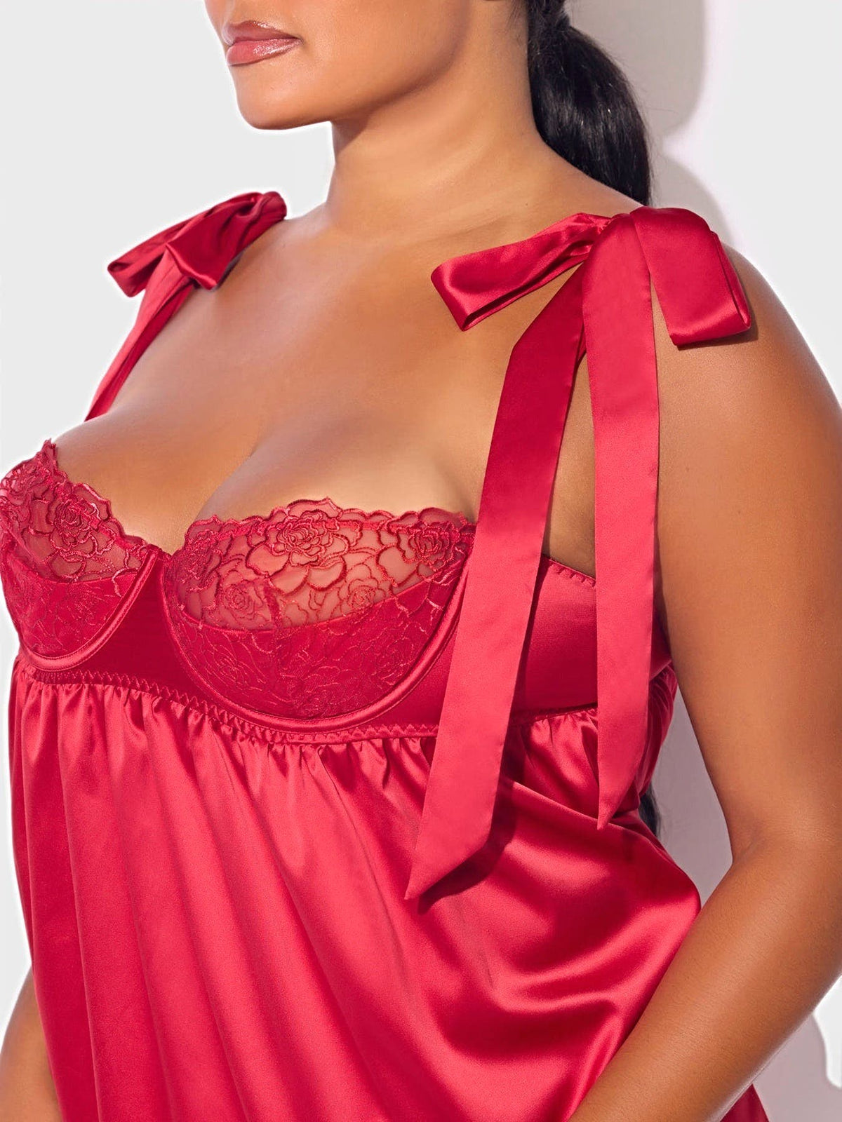 ROSALIE SATIN & EMBROIDERED LACE BABYDOLL & G-STRING SET -