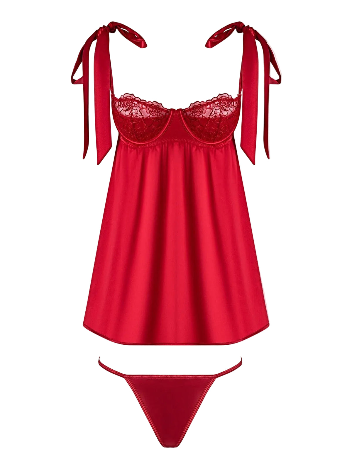 ROSALIE SATIN & EMBROIDERED LACE BABYDOLL & G-STRING SET -