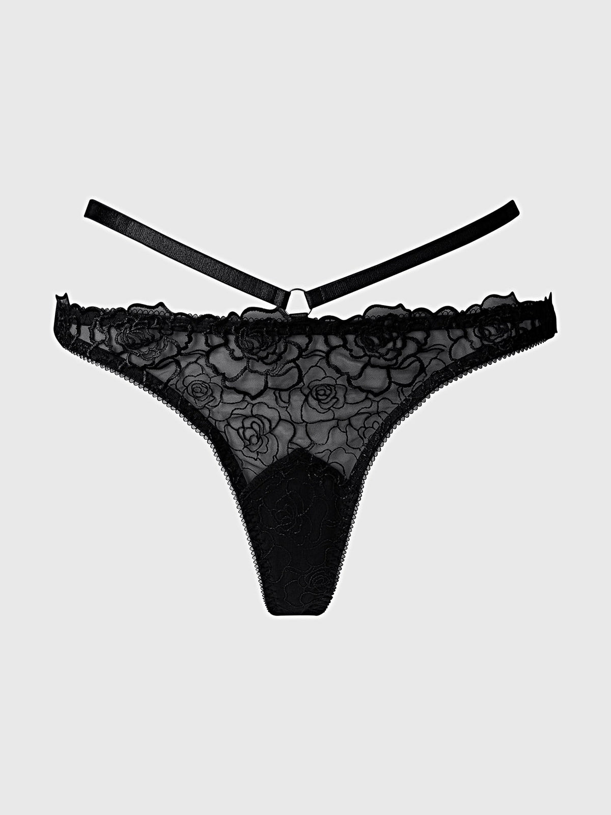 ROSALIE SATIN &amp; EMBROIDERED LACE STRAPPY TANGA -
