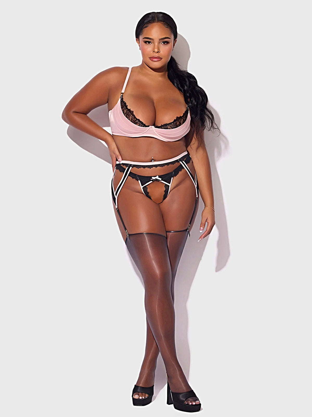 JOCELYN SATIN & LACE PUSH UP BRA, GARTER, & TANGA SET -