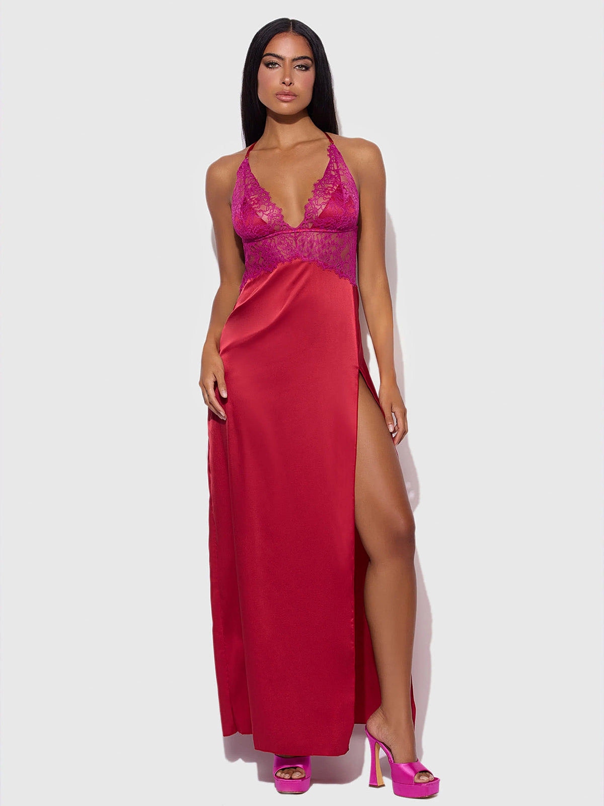 JOCELYN SATIN &amp; LACE LONG HIGH SLIT GOWN -