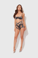 ZOE OIL SLICK BANDEAU BRA, WRAP GARTER & TANGA SET -