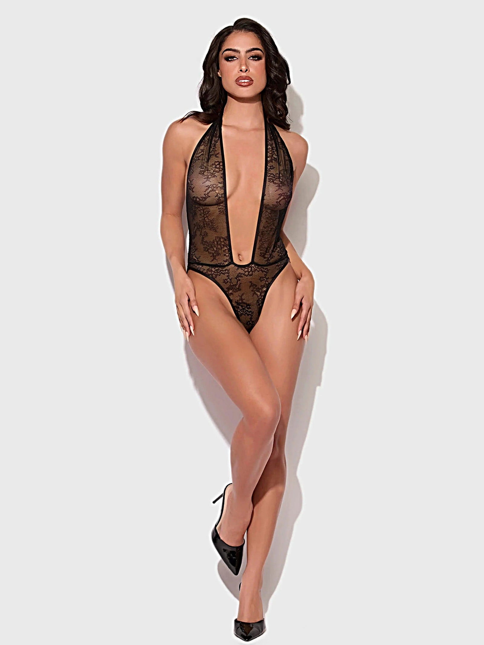 KIKI LACE PLUNGE HALTER TEDDY -