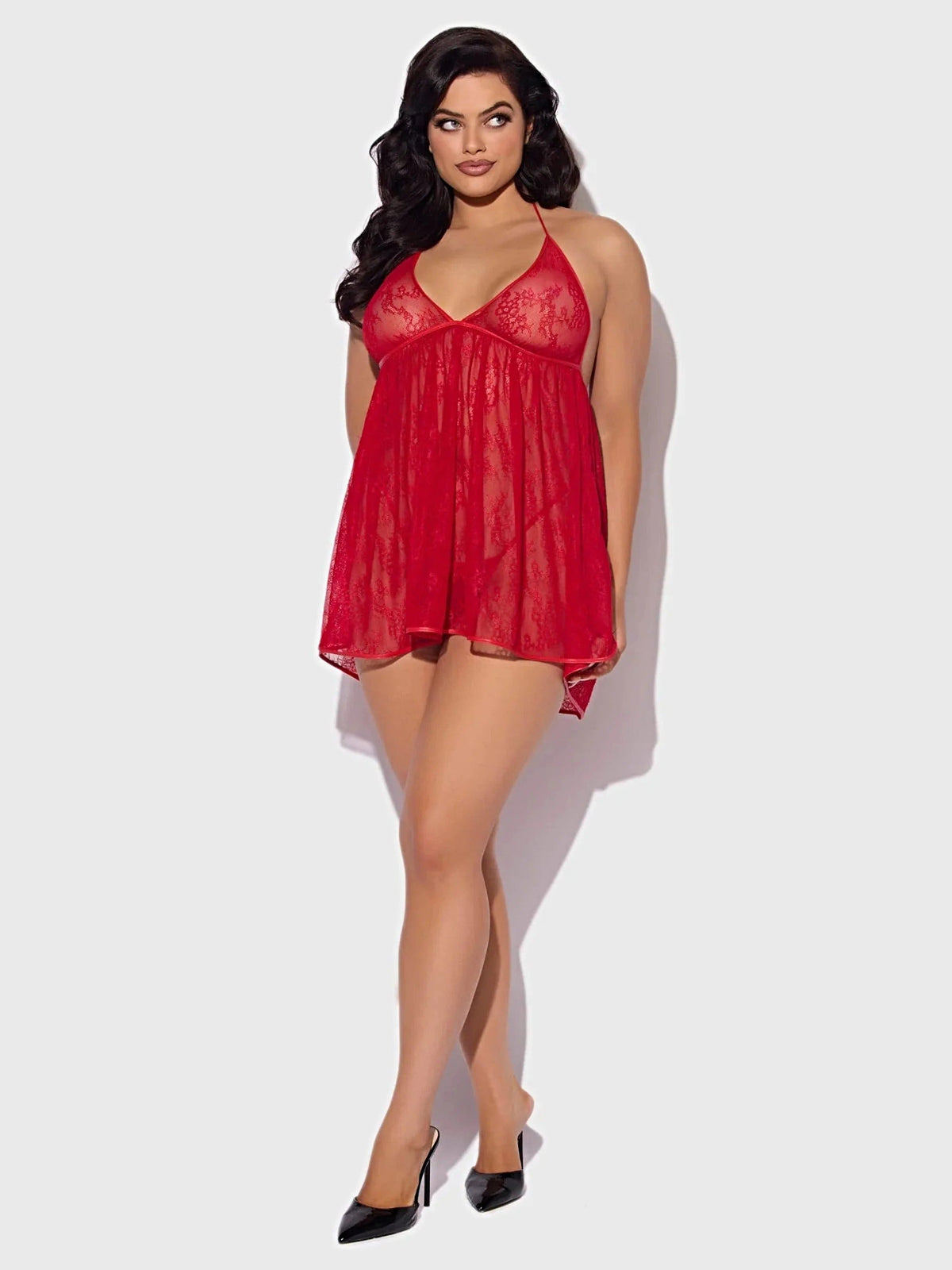 KIKI LACE & FAUX LEATHER DROP OFF BABYDOLL SET -