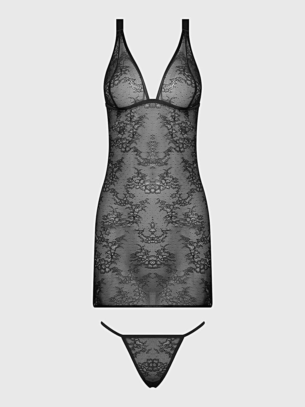Kiki Lace Chemise Lingerie Set With Wireless Cups, Strappy Open Back & G-String -