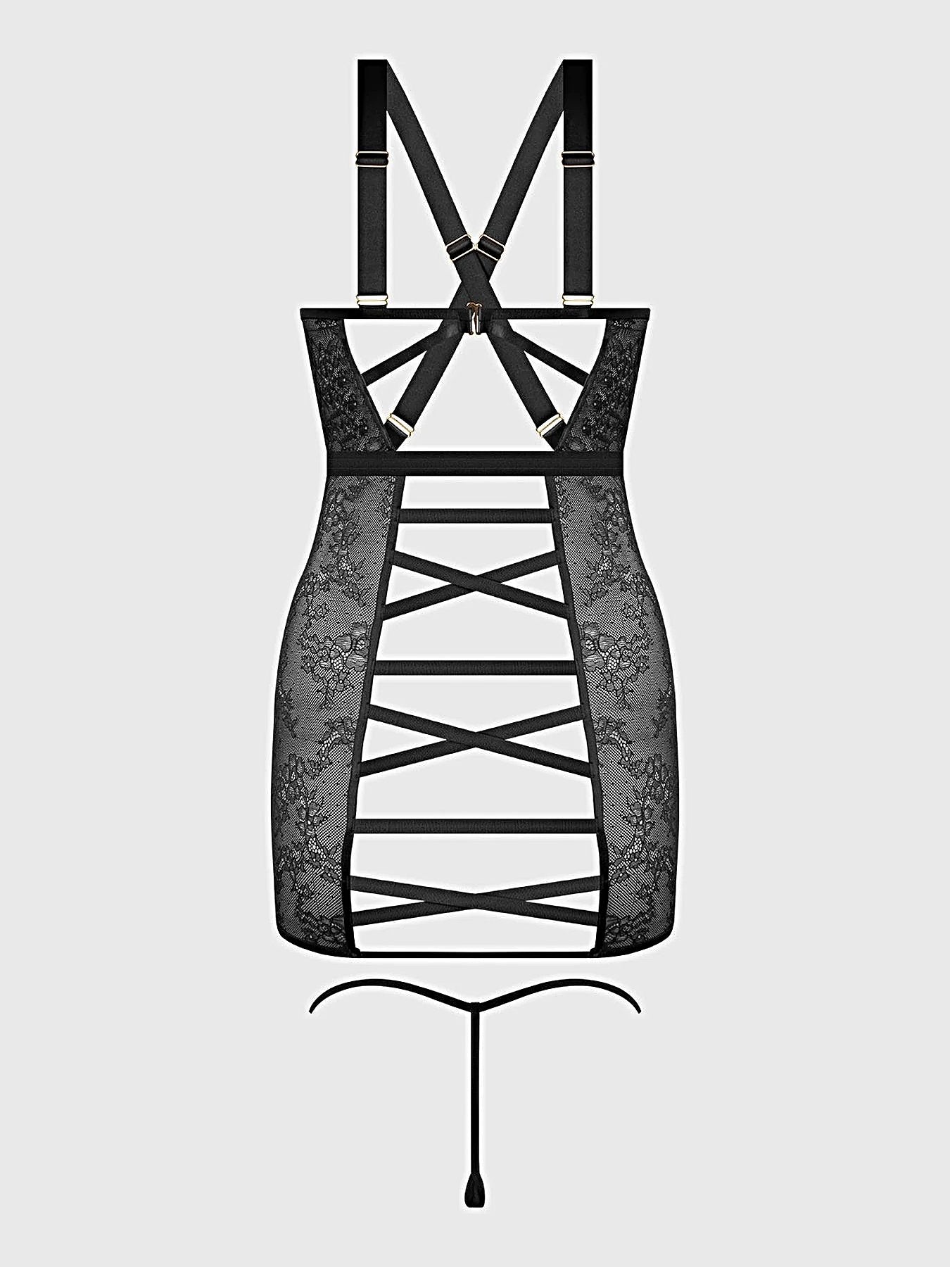 Kiki Lace Chemise Lingerie Set With Wireless Cups, Strappy Open Back & G-String -