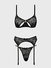 YVONE LACE OPEN CUP BRA, CROTCHLESS THONG & GARTER SET -