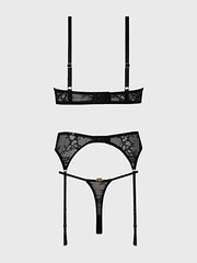 YVONE LACE OPEN CUP BRA, CROTCHLESS THONG & GARTER SET -