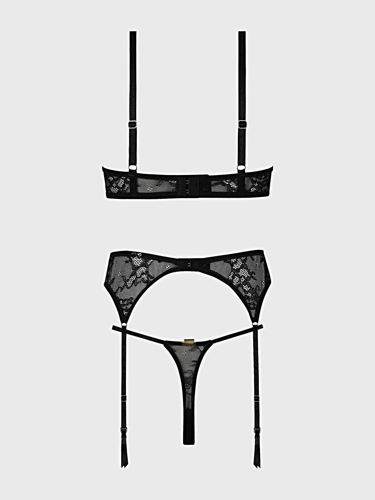YVONE LACE OPEN CUP BRA, CROTCHLESS THONG & GARTER SET -