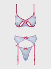 YVONE LACE OPEN CUP BRA, CROTCHLESS THONG & GARTER SET -