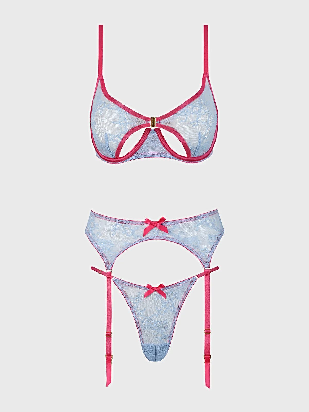 YVONE LACE OPEN CUP BRA, CROTCHLESS THONG & GARTER SET -