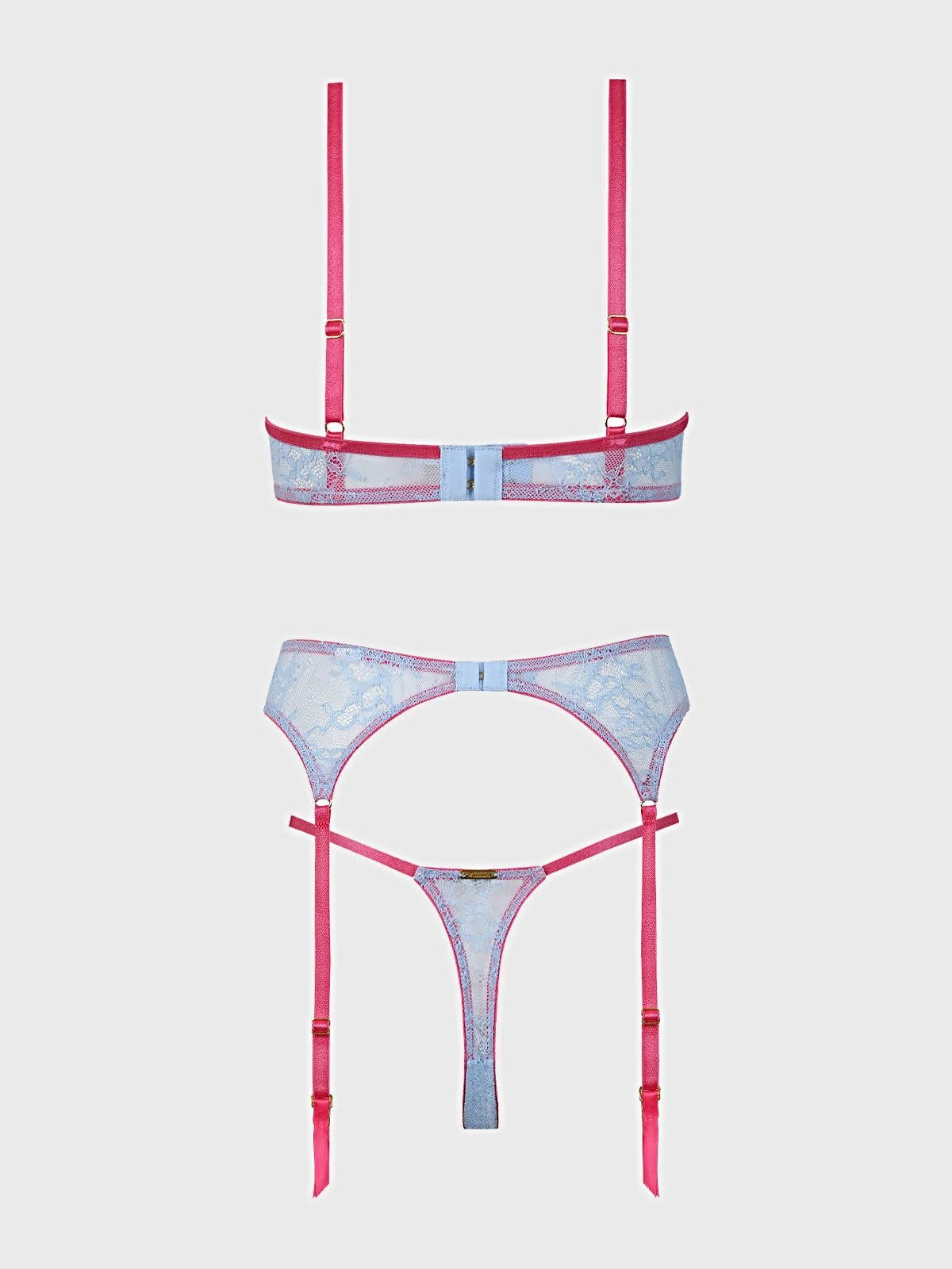 YVONE LACE OPEN CUP BRA, CROTCHLESS THONG & GARTER SET -