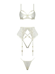 Rosalie Embroidered Lace Bra Garter Set With Open-Cup Bra, Satin G-String & Gold Hardware -