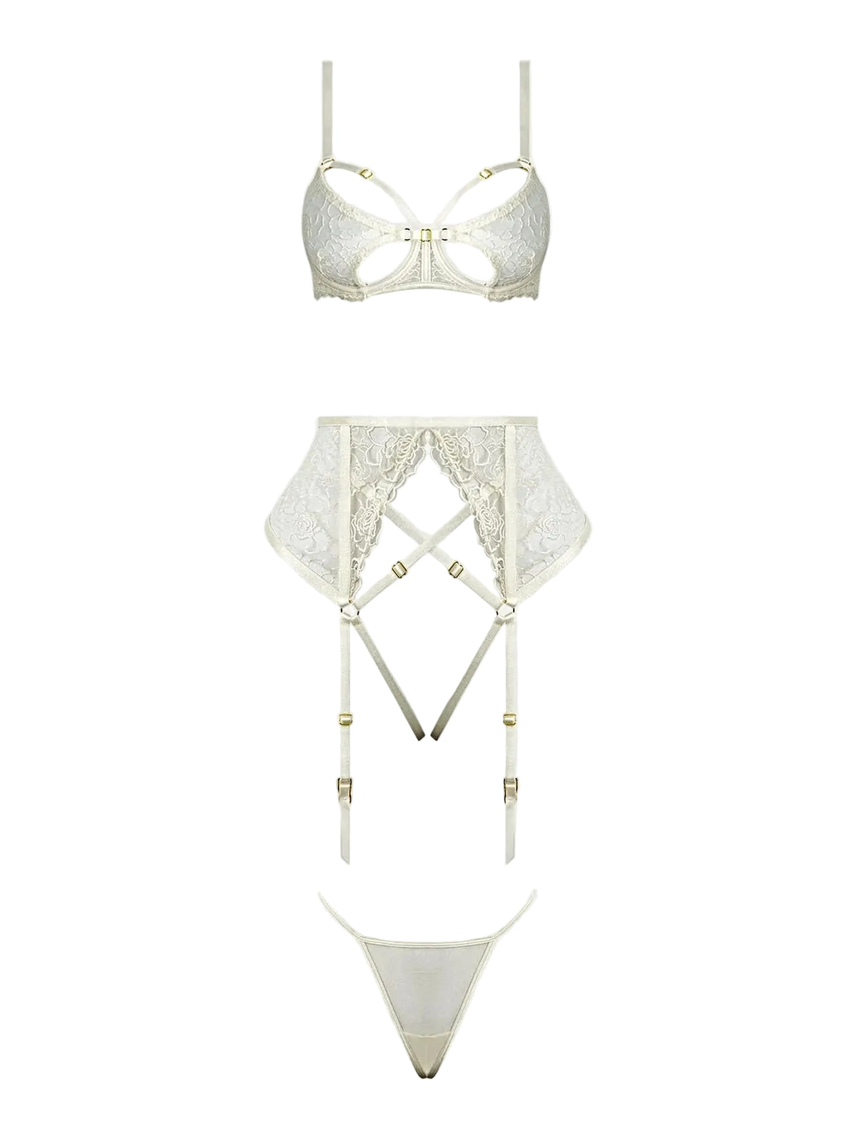 Rosalie Embroidered Lace Bra Garter Set With Open-Cup Bra, Satin G-String & Gold Hardware -