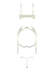 Rosalie Embroidered Lace Bra Garter Set With Open-Cup Bra, Satin G-String & Gold Hardware -