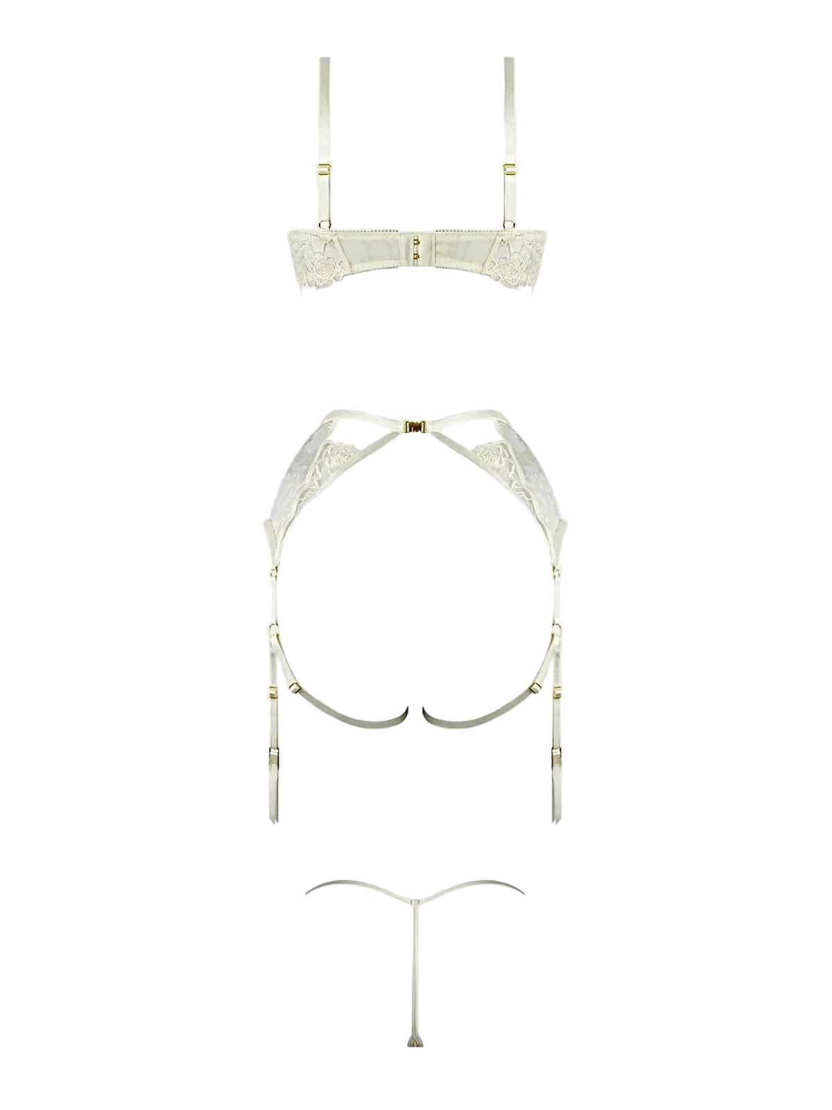 Rosalie Embroidered Lace Bra Garter Set With Open-Cup Bra, Satin G-String & Gold Hardware -