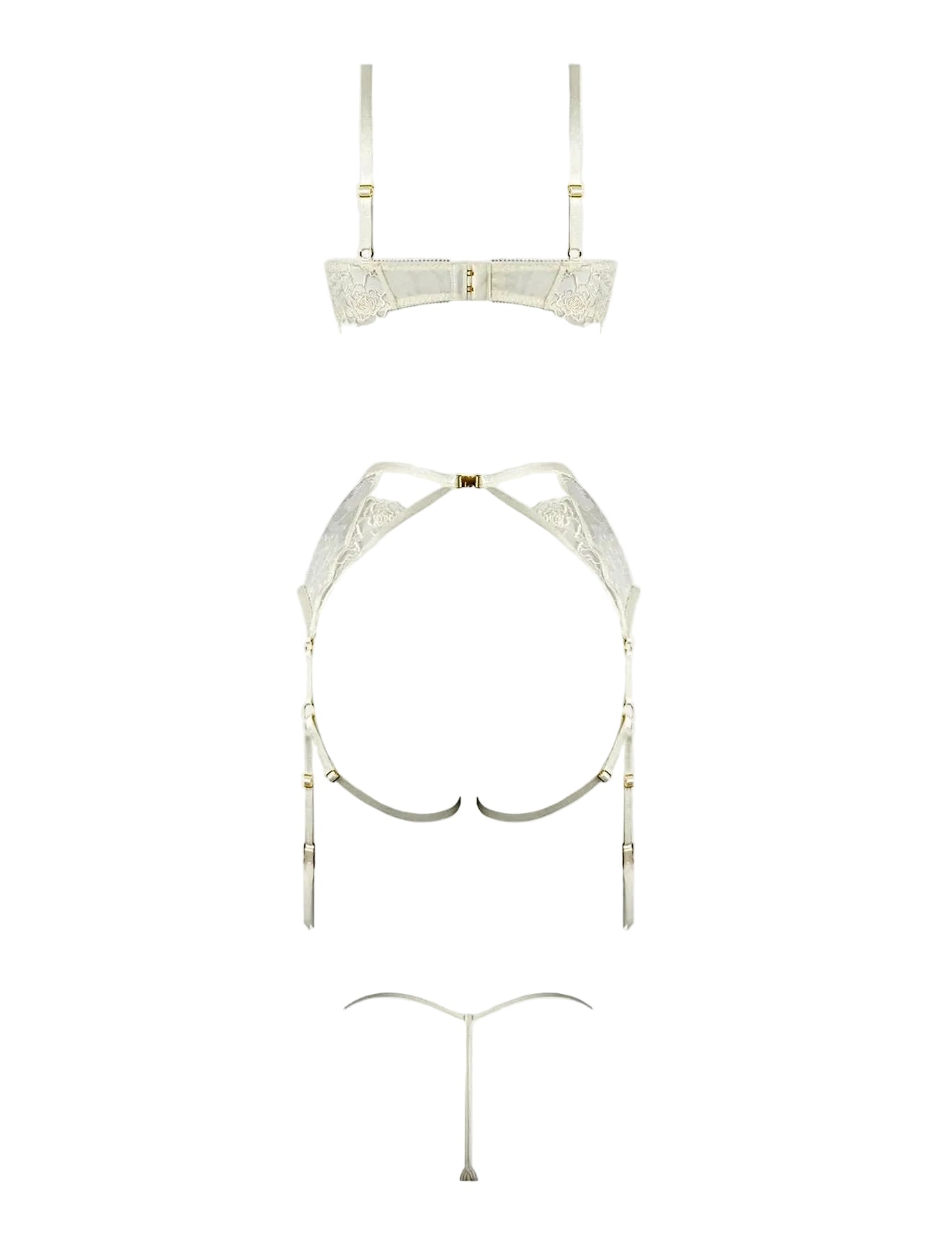 Rosalie Embroidered Lace Bra Garter Set With Open-Cup Bra, Satin G-String & Gold Hardware -